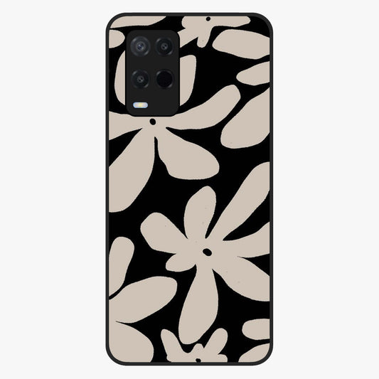 Monochrome Petal Dance Glass Case showing flat back view with monochrome floral artwork and glossy glass finish.
