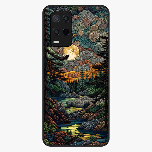 Moonlight Forest Dream Glass Case showing flat back view with mystical forest moonlight artwork and glossy glass finish.