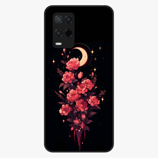 Moonlit Floral Elegance Glass Case showing flat back view with elegant floral artwork under moonlit tones and glossy glass finish.