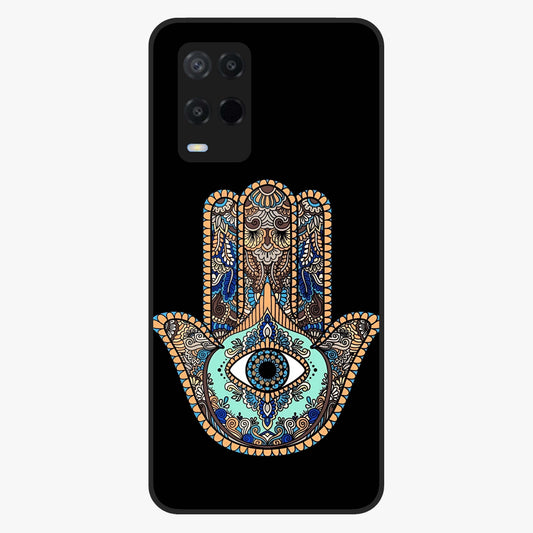 Mystic Hamsa Eye Glass Case showing flat back view with protective hamsa hand and evil eye artwork and glossy glass finish.