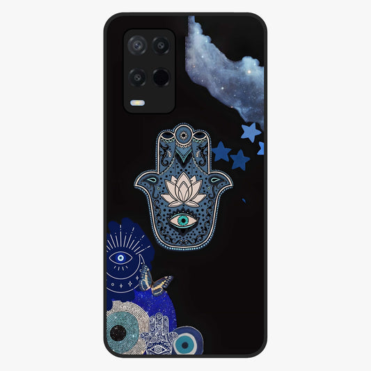 Mystic Hand Aura Glass Case showing flat back view with mystical hand symbol artwork and glossy glass finish.