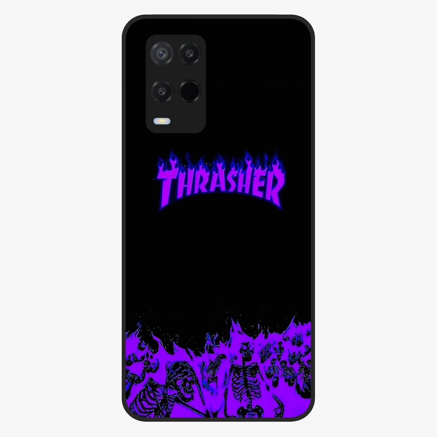 Neon Flame Riot Glass Case showing flat back view with neon flame artwork and glossy glass finish.