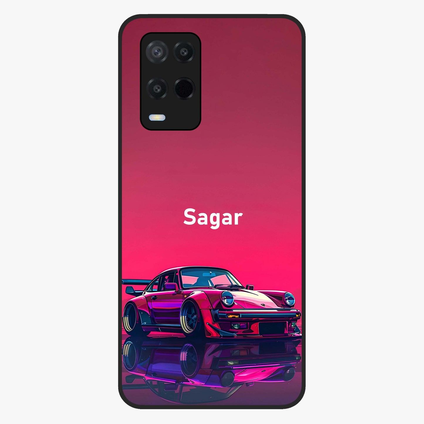 Neon Pink Porsche Glass Case showing flat back view with stylish sports car artwork and glossy glass finish.