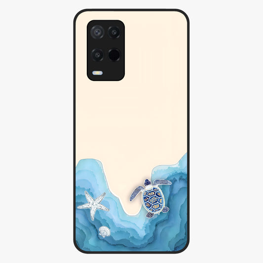 Ocean Drift Turtle Glass Case showing flat back view with sea turtle artwork and glossy glass finish.
