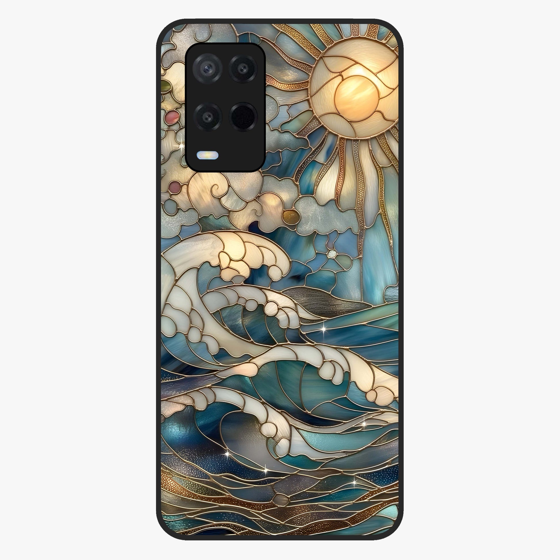 Oceanic Stained Printed Glass Case showing flat back view with ocean inspired stained pattern artwork and glossy glass finish.