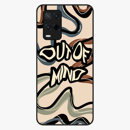 Out Of Mind Glass Case showing flat back view with expressive typography artwork and glossy glass finish.