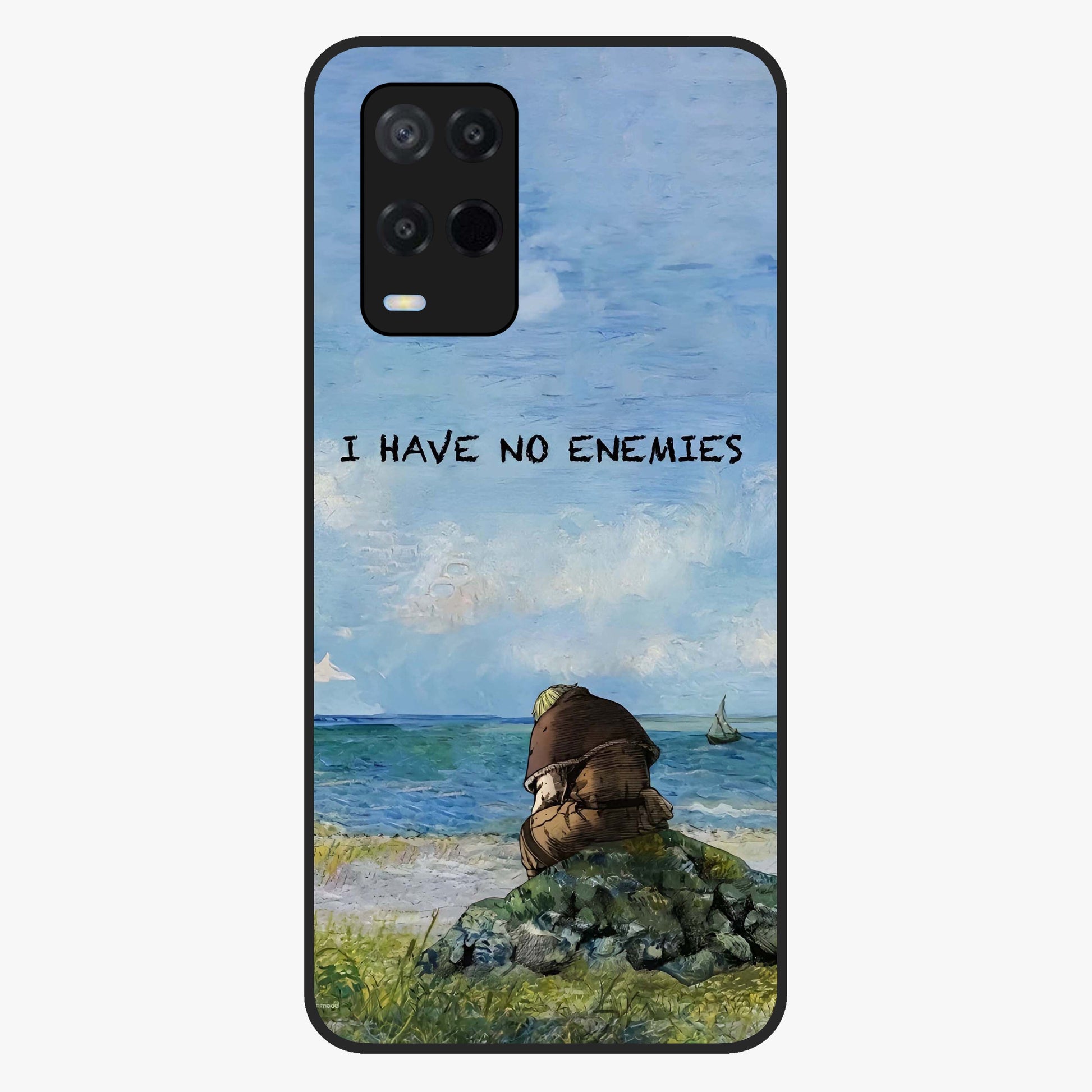 Peace Beyond War Glass Case showing flat back view with symbolic peace themed artwork and glossy glass finish.