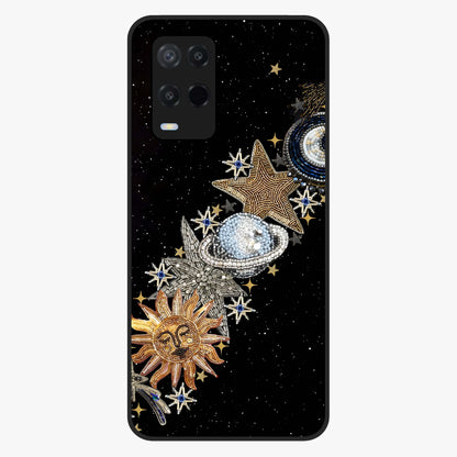 Pearls Universe Object Glass Case showing flat back view with pearl inspired cosmic artwork and glossy glass finish.