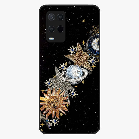 Pearls Universe Object Glass Case showing flat back view with pearl inspired cosmic artwork and glossy glass finish.