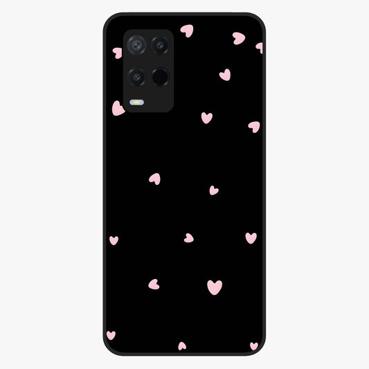 Pink Love Drops Glass Case showing flat back view with playful pink heart drops artwork and glossy glass finish.