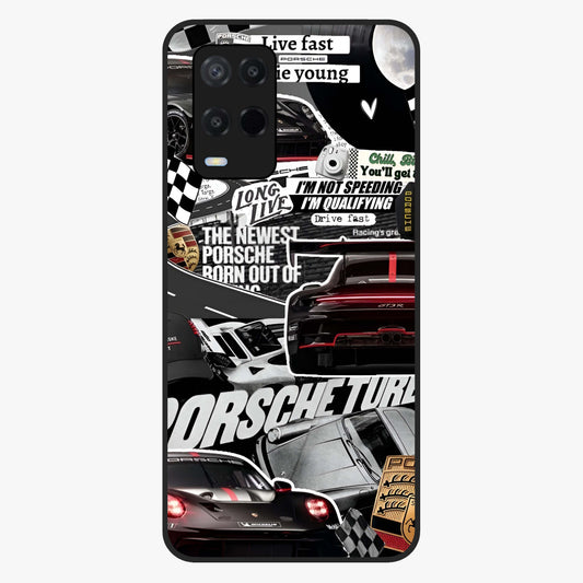 Porsche Racing Collage Glass Case showing flat back view with sports car racing collage artwork and glossy glass finish.