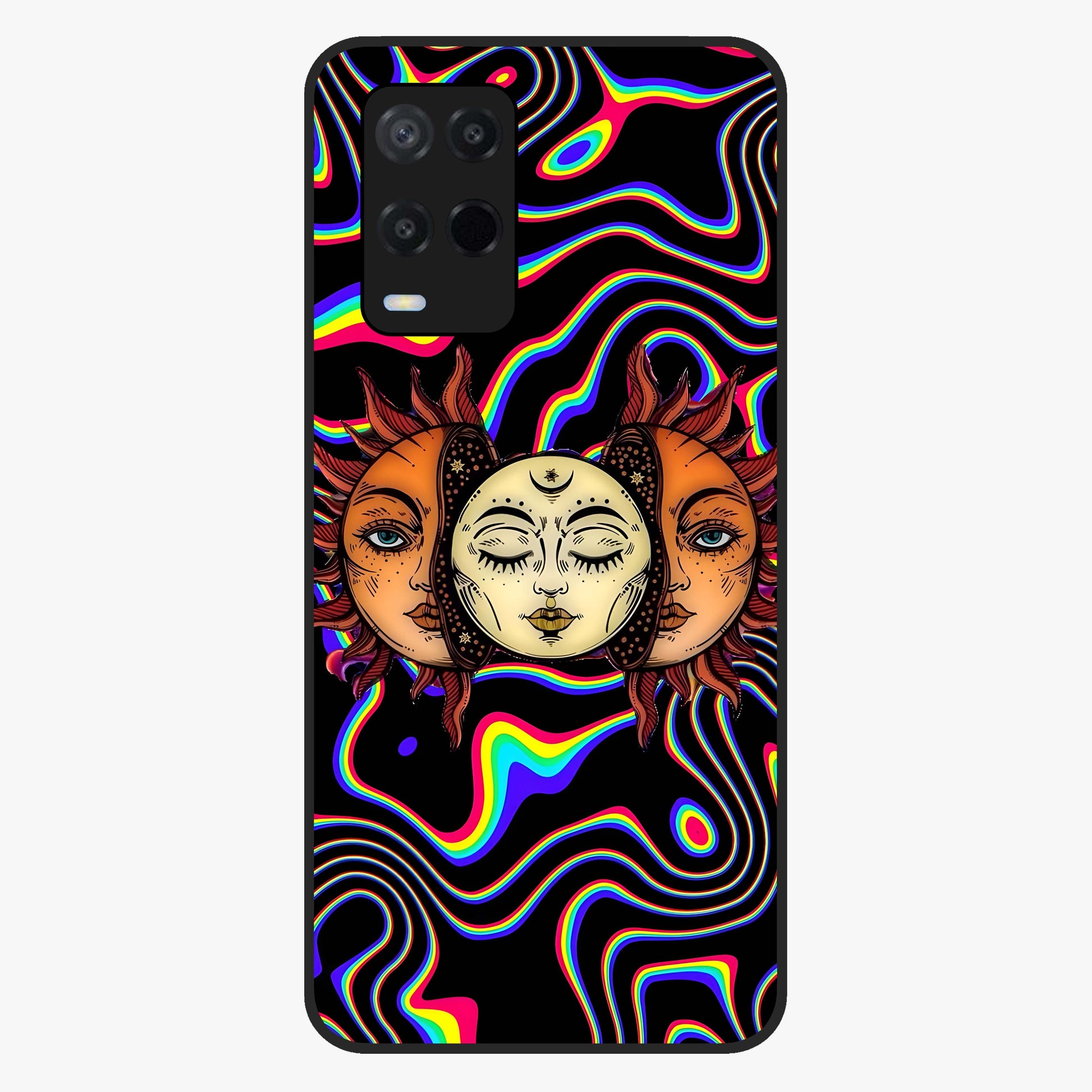 Psychedelic Sun Glass Case showing flat back view with colorful psychedelic sun artwork and glossy glass finish.