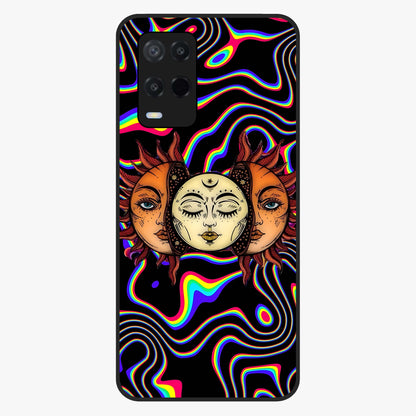 Psychedelic Sun Glass Case showing flat back view with colorful psychedelic sun artwork and glossy glass finish.