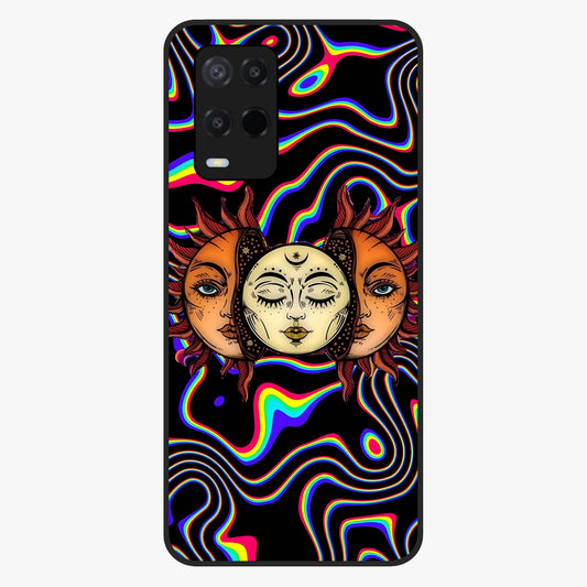 Psychedelic Sun Glass Case showing flat back view with colorful psychedelic sun artwork and glossy glass finish.
