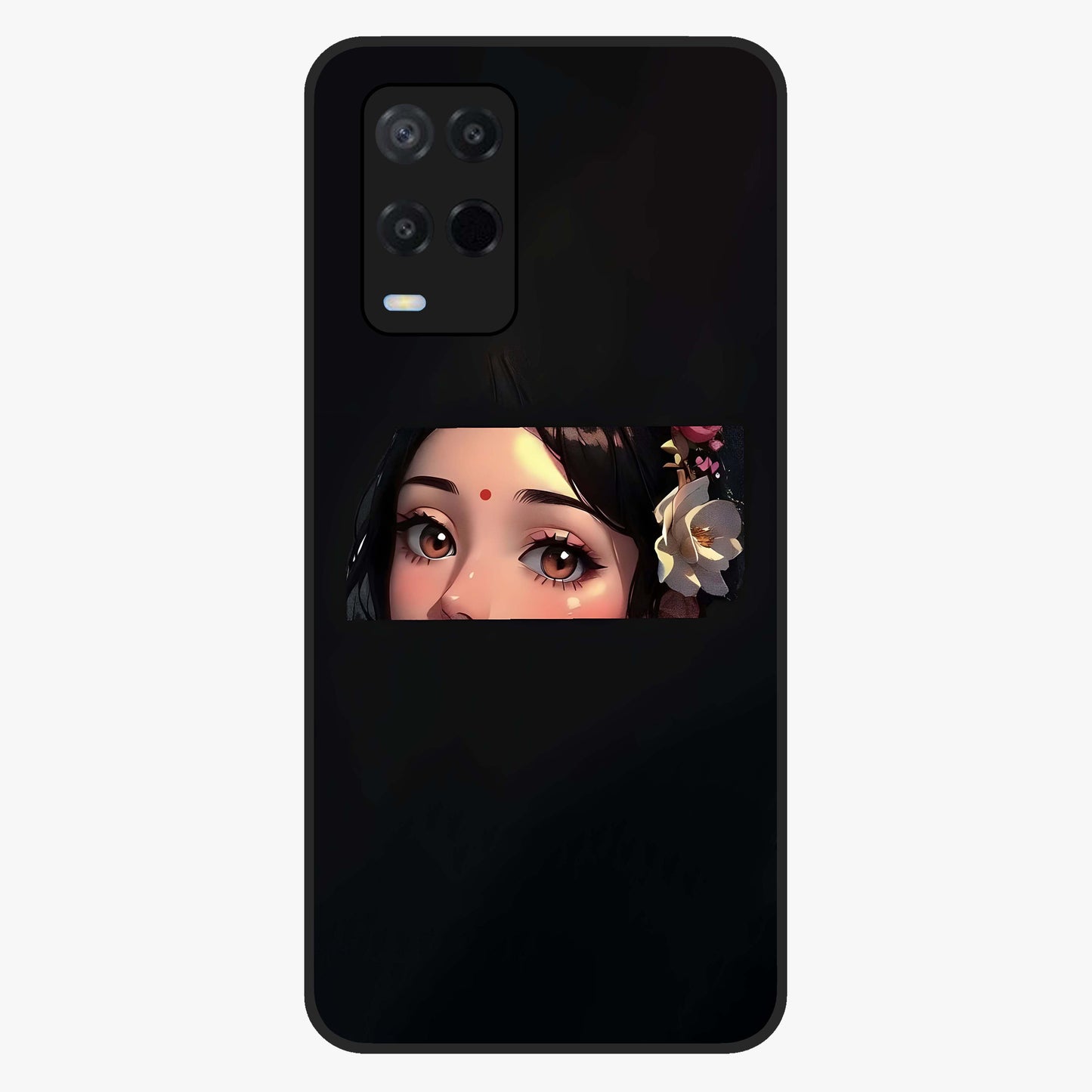 Radha Divine Embrace Glass Case showing flat back view with devotional Radha artwork and glossy glass finish.