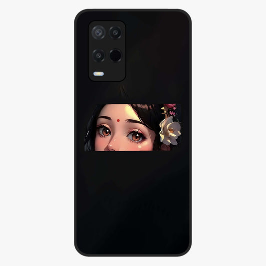Radha Divine Embrace Glass Case showing flat back view with devotional Radha artwork and glossy glass finish.