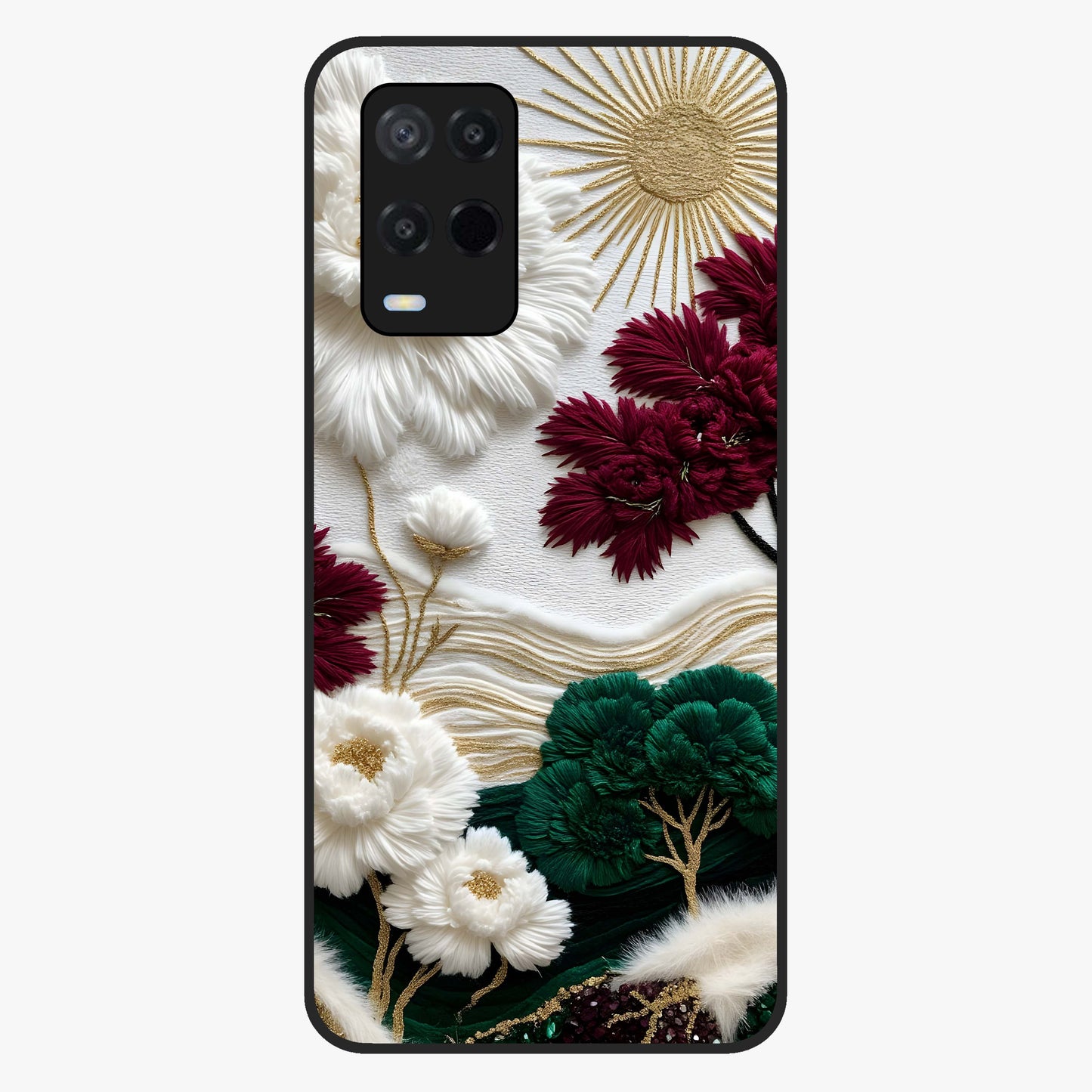 Radiant Bloom Elegance Glass Case showing flat back view with elegant blooming flower artwork and glossy glass finish.