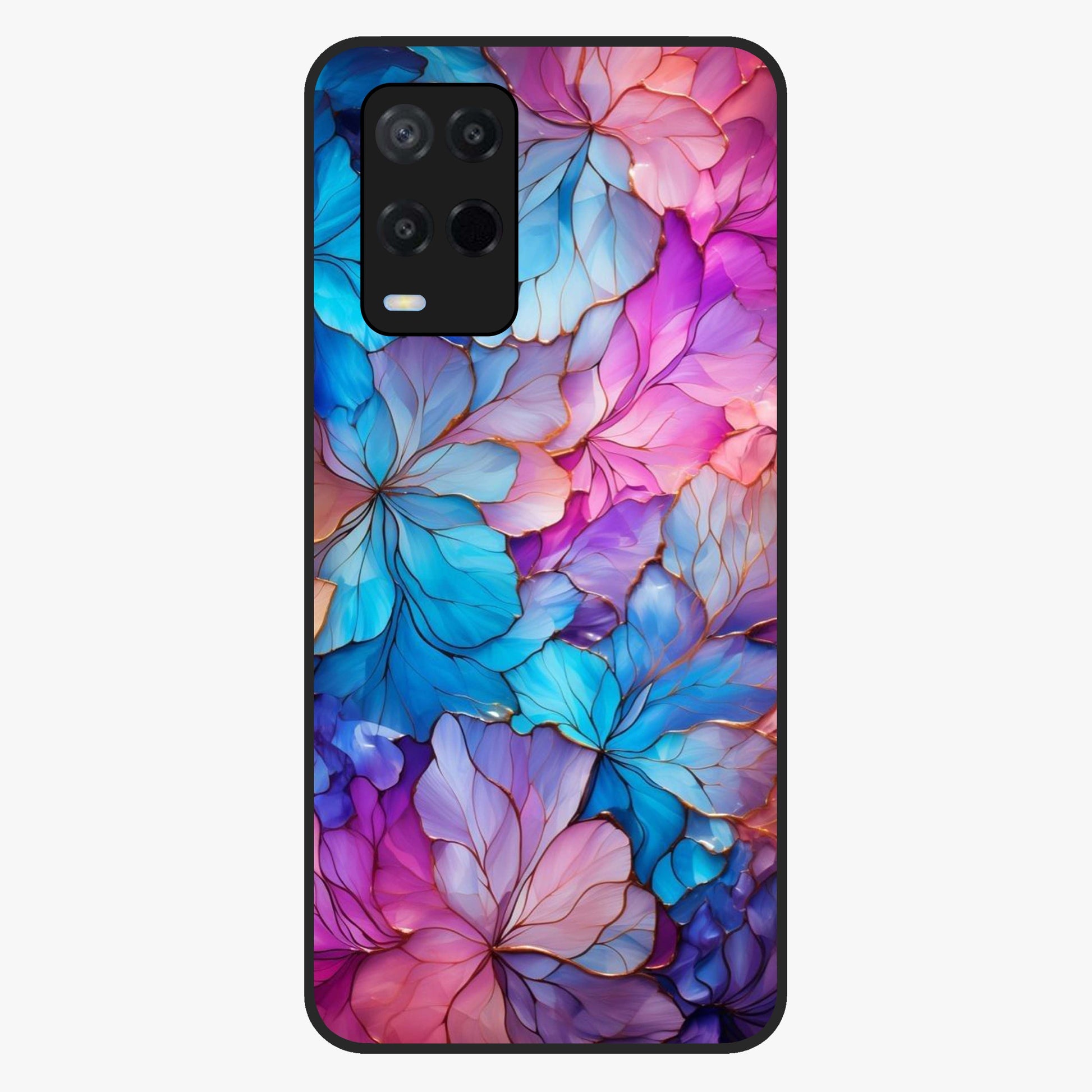 Radiant Floral Whirl Glass Case showing flat back view with swirling floral artwork and glossy glass finish.