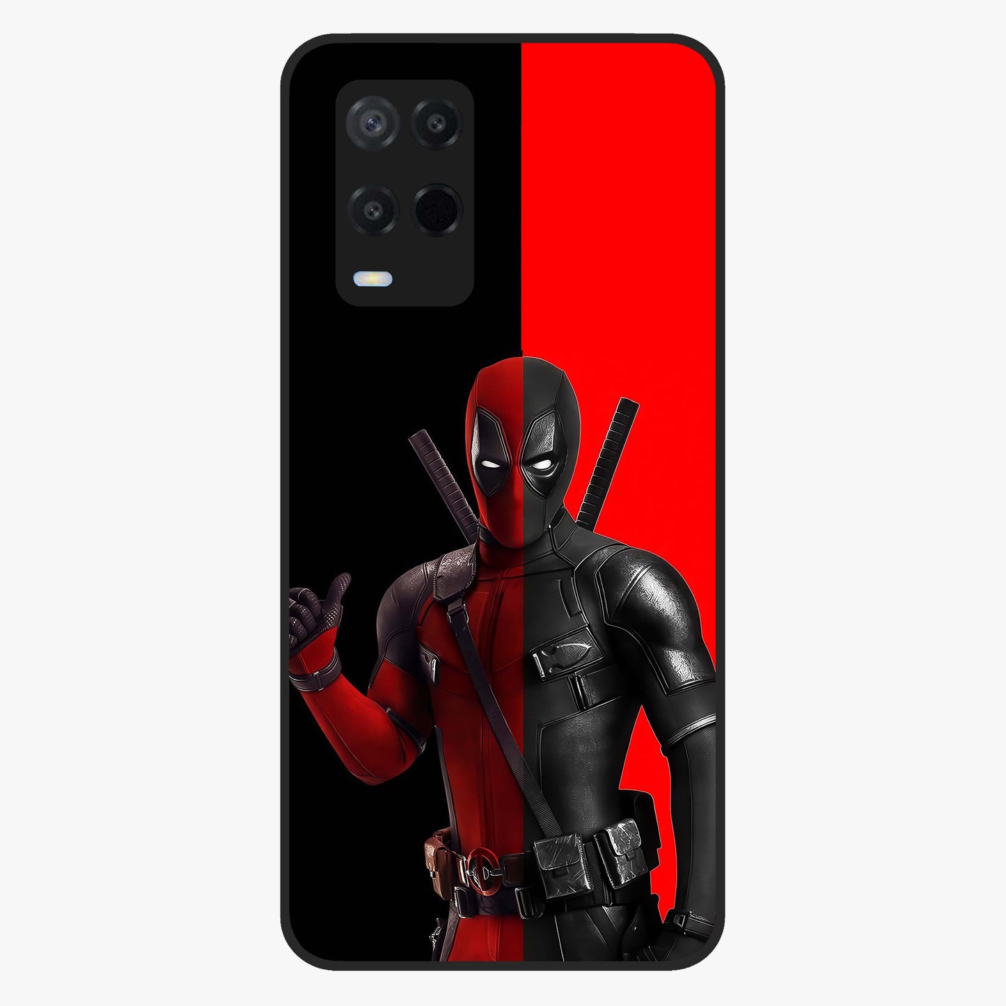 Red & Black Deadpool Theme Glass Case showing flat back view with bold comic inspired artwork and glossy glass finish.