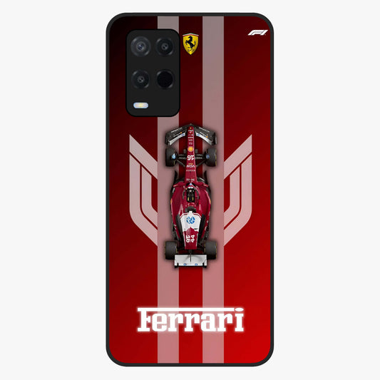 Red Ferrari F1 Vertical Glass Case showing flat back view with sleek Formula racing car artwork and glossy glass finish.