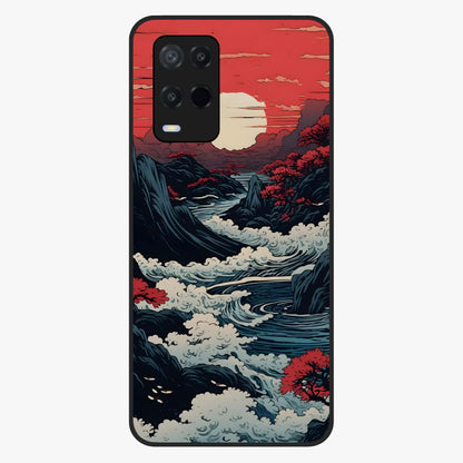 Red Sunset Scenery Glass Case showing flat back view with vibrant sunset landscape artwork and glossy glass finish.