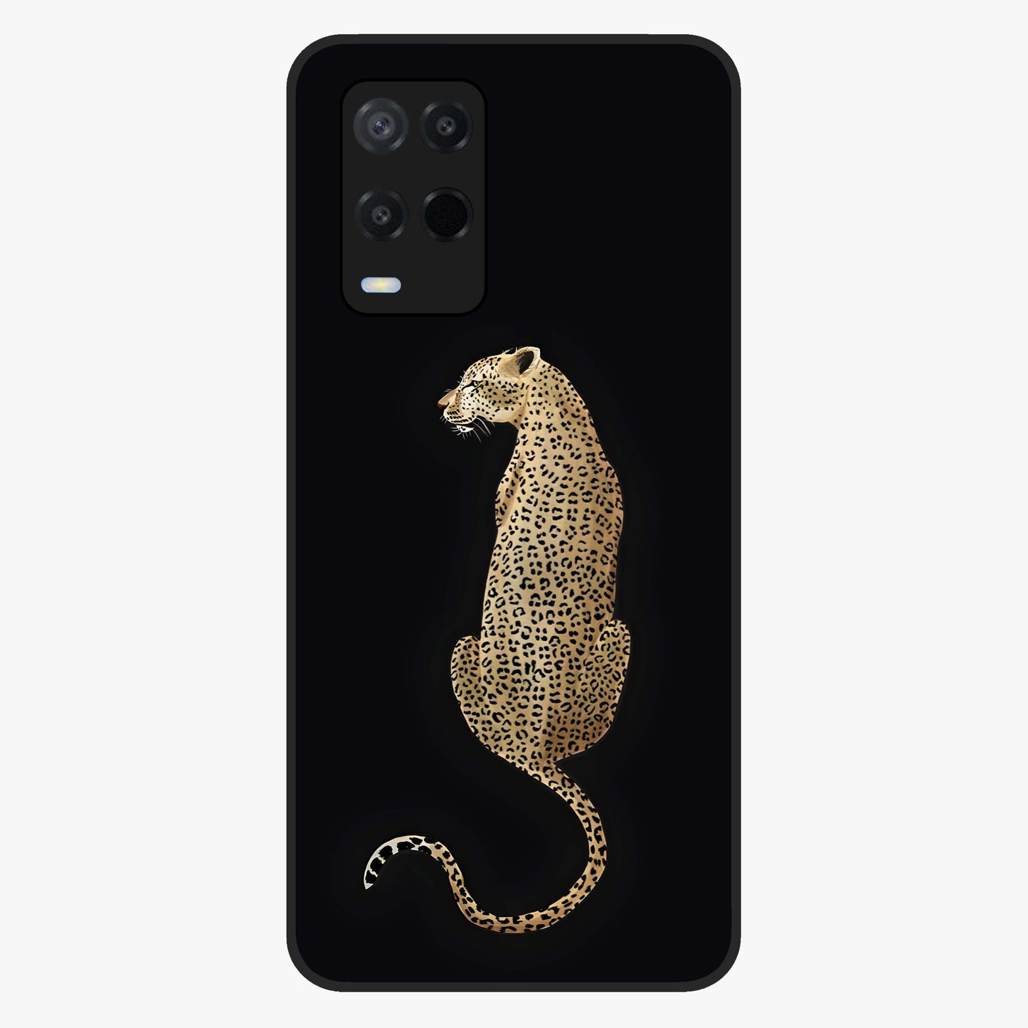Regal Leopard Glass Case showing flat back view with bold leopard artwork and glossy glass finish.