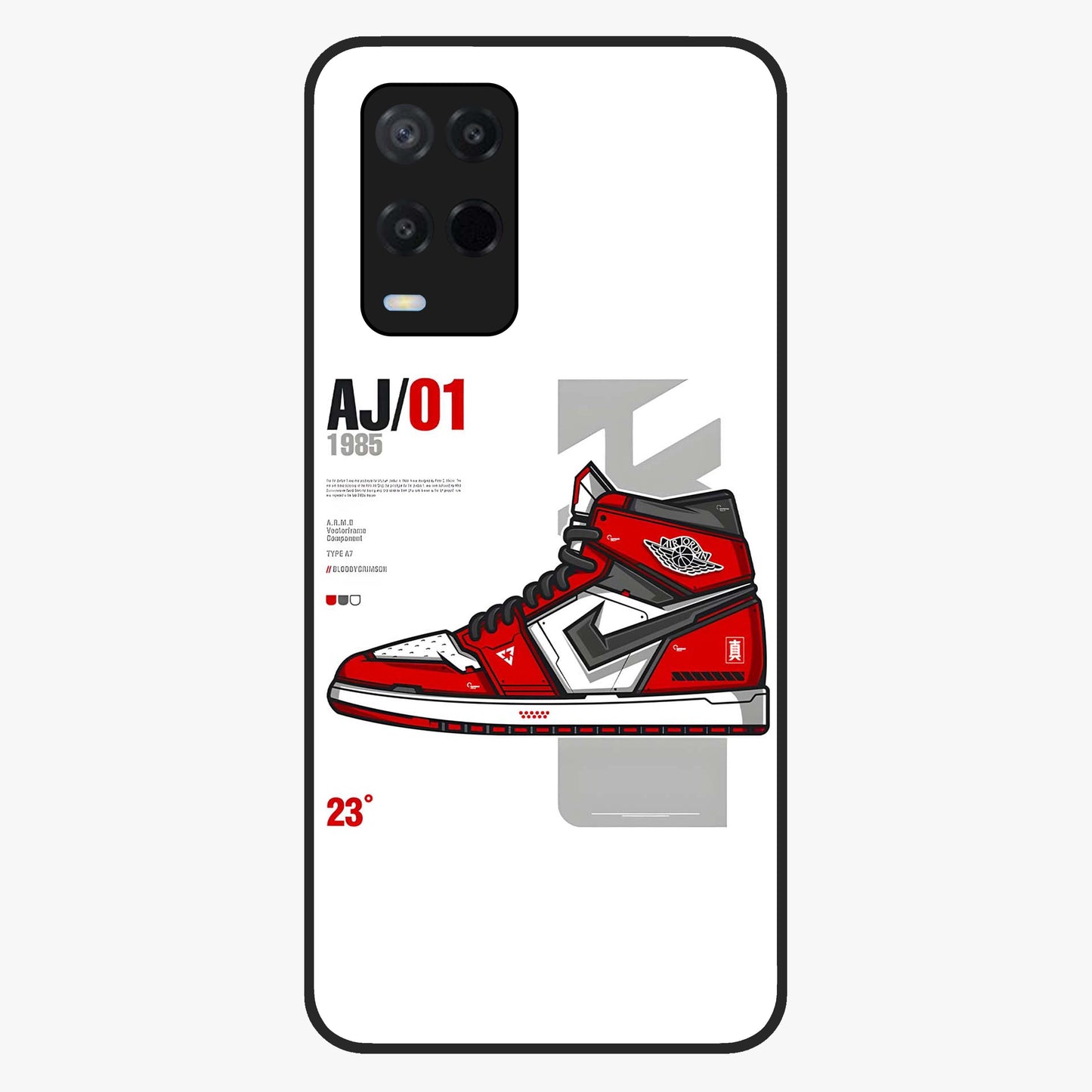 Retro Sneaker Blueprint Glass Case showing flat back view with sneaker blueprint style artwork and glossy glass finish.