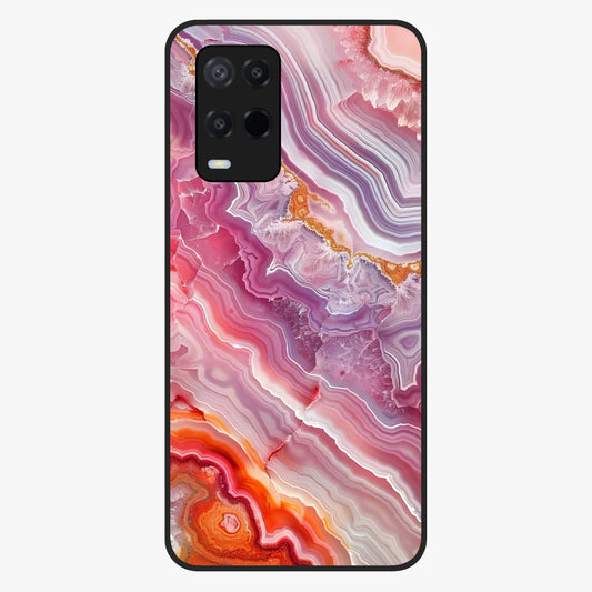 Rose Quartz Marble Glass Case showing flat back view with pink marble quartz texture artwork and glossy glass finish.
