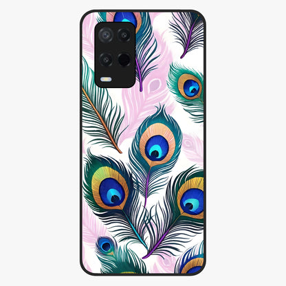 Royal Peacock Feathers Glass Case showing flat back view with colorful peacock feather artwork and glossy glass finish.