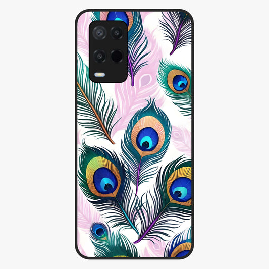 Royal Peacock Feathers Glass Case showing flat back view with colorful peacock feather artwork and glossy glass finish.