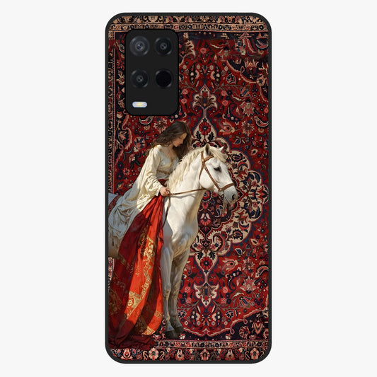 Royal Rider Tapestry Glass Case showing flat back view with majestic horse rider tapestry artwork and glossy glass finish.