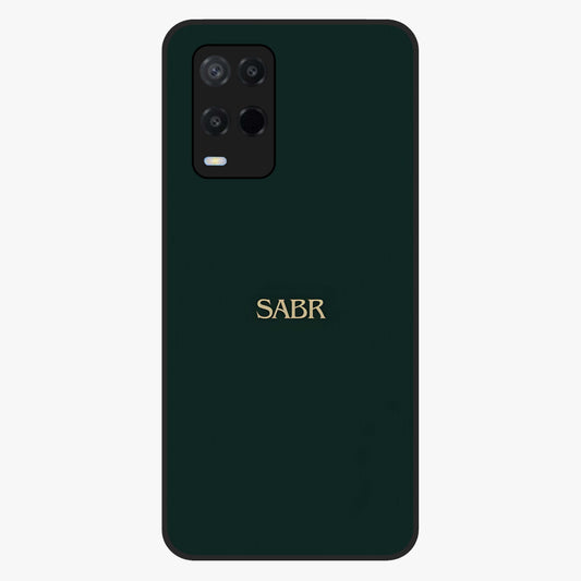 Sabr Minimal Patience Glass Case showing flat back view with minimalist typography artwork and glossy glass finish.