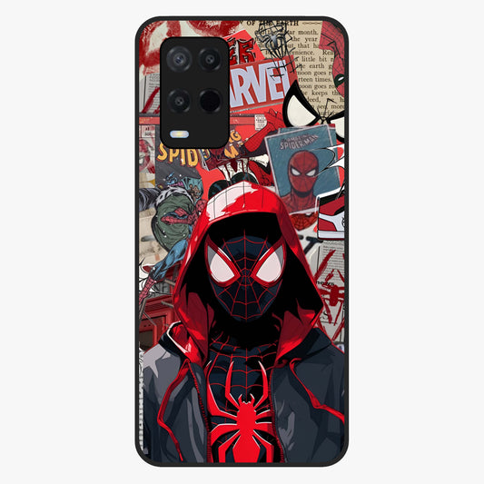 Spider Collage Street Glass Case showing flat back view with vibrant superhero collage artwork and glossy glass finish.