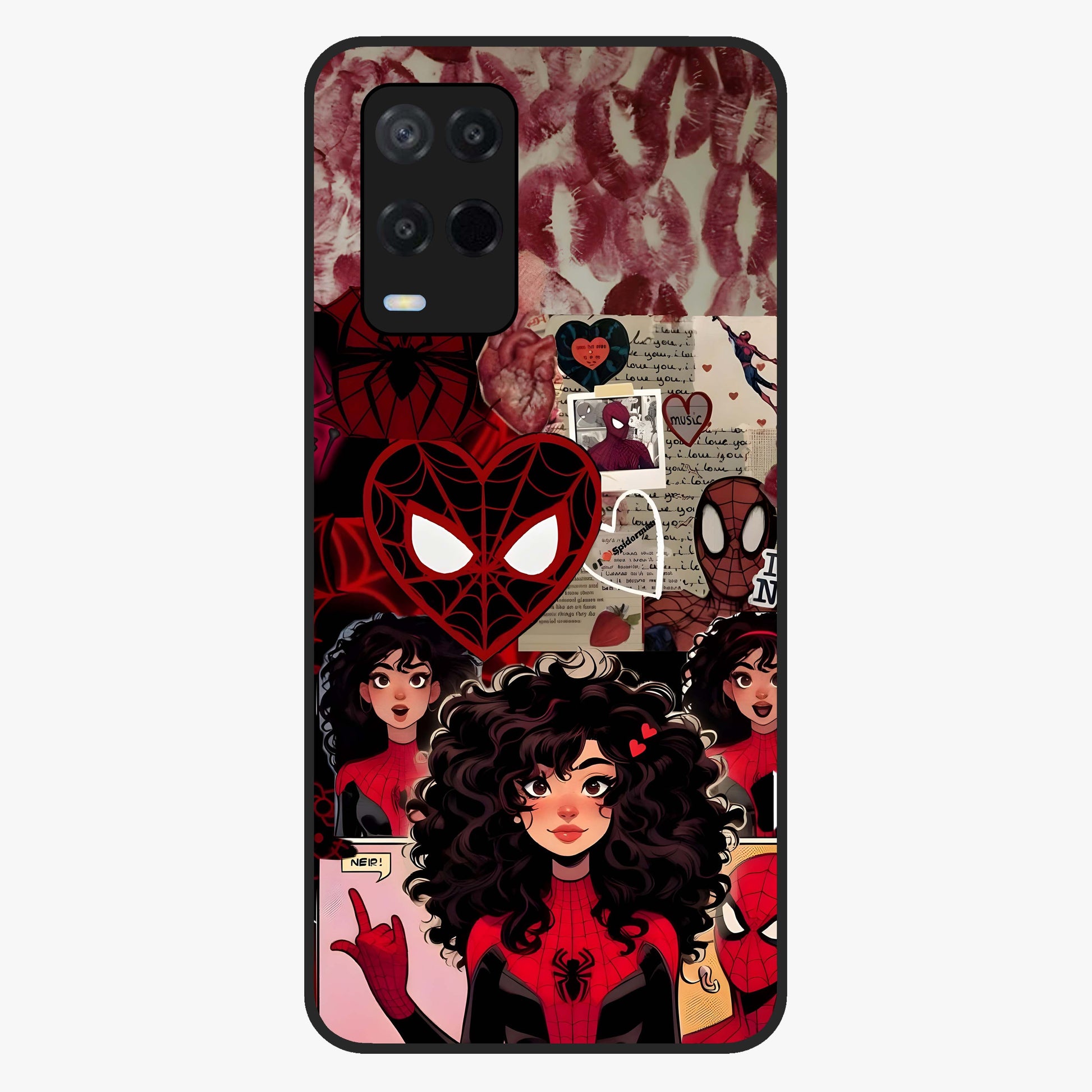 Spider Love Story Glass Case showing flat back view with romantic superhero themed artwork and glossy glass finish.