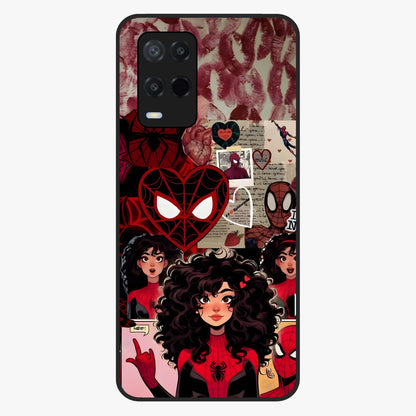 Spider Love Story Glass Case showing flat back view with romantic superhero themed artwork and glossy glass finish.