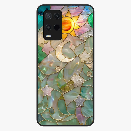 Stained Sunrise Glow Glass Case showing flat back view with glowing sunrise stained pattern artwork and glossy glass finish.