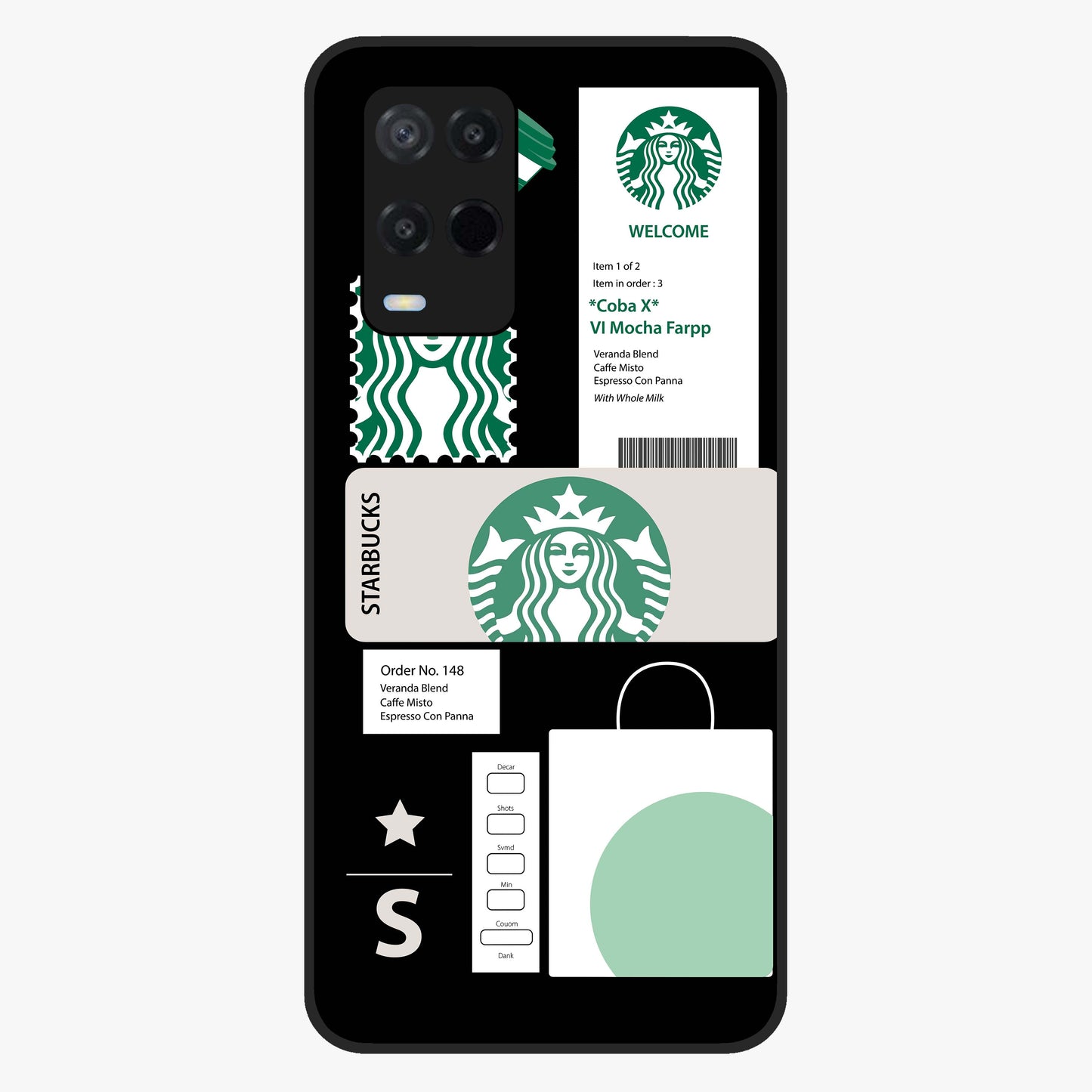 Starbucks Mocha Glass Case showing flat back view with coffee inspired artwork and glossy glass finish.