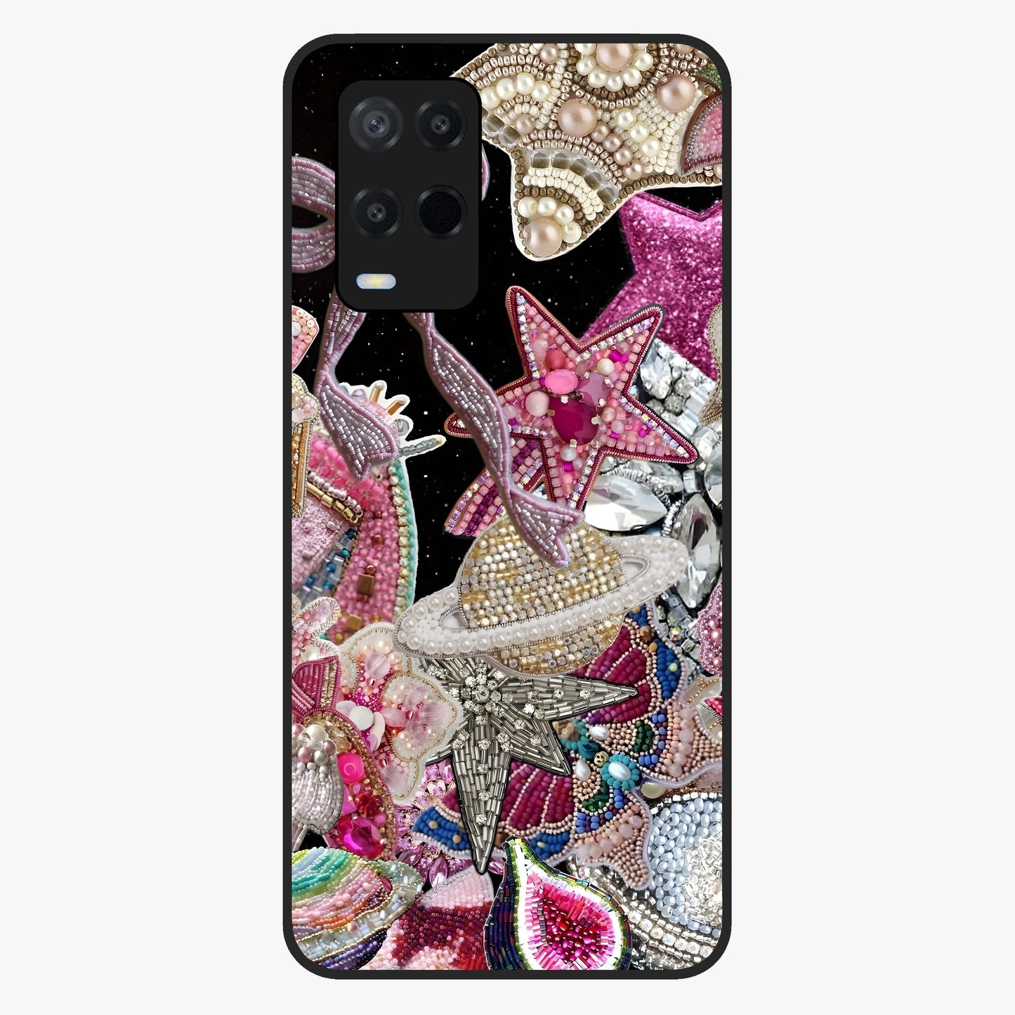 Starlit Jewel Dream Glass Case showing flat back view with sparkling jewel and star themed artwork and glossy glass finish.