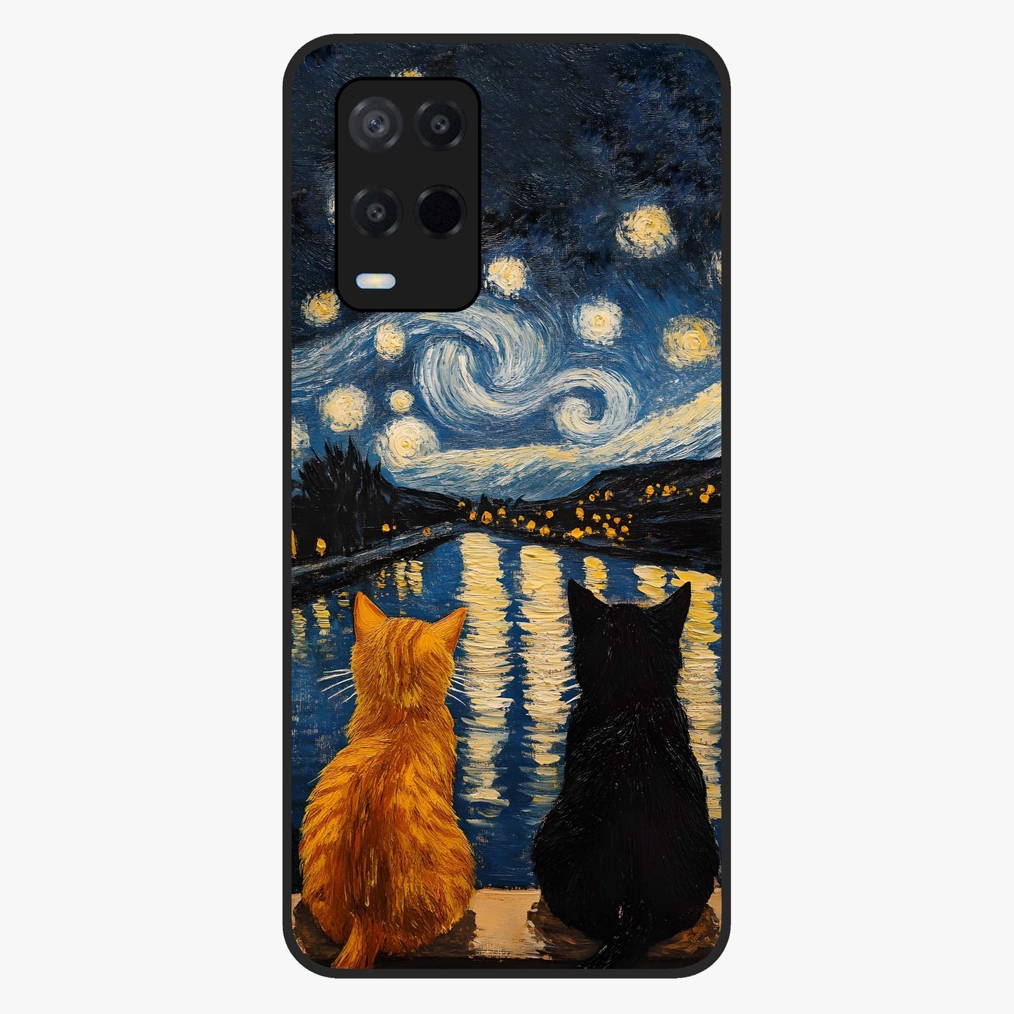 Starry River Cats Glass Case showing flat back view with cats by a starry river artwork and glossy glass finish.