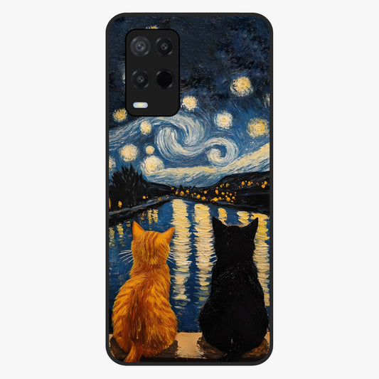 Starry River Cats Glass Case showing flat back view with cats by a starry river artwork and glossy glass finish.