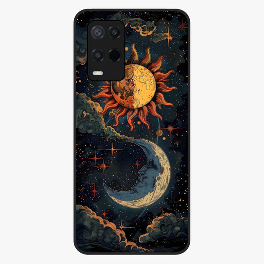 Sun And Moon Magic Design Glass Case showing flat back view with mystical sun and moon artwork and glossy glass finish.