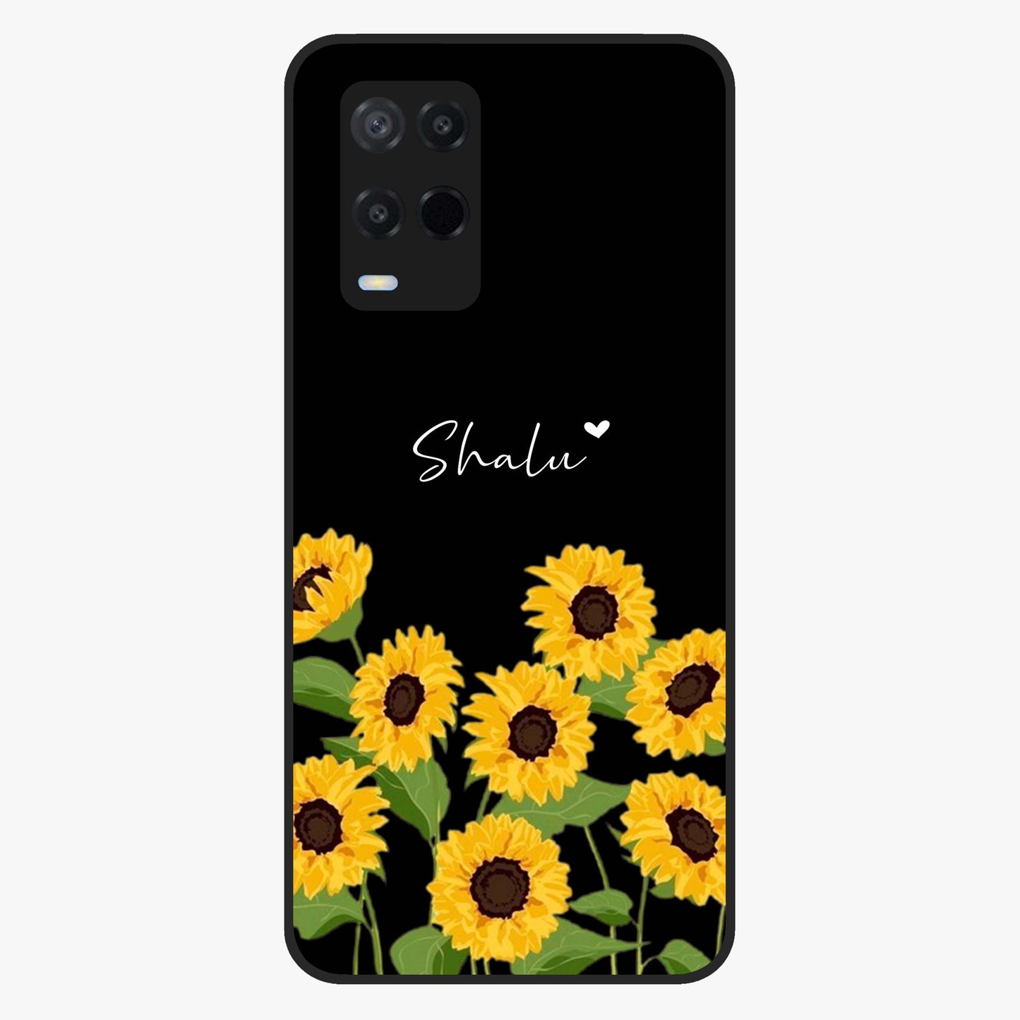 Sunflower Chic Mood Custom Name Glass Case showing flat back view with stylish sunflower artwork and personalized name design.