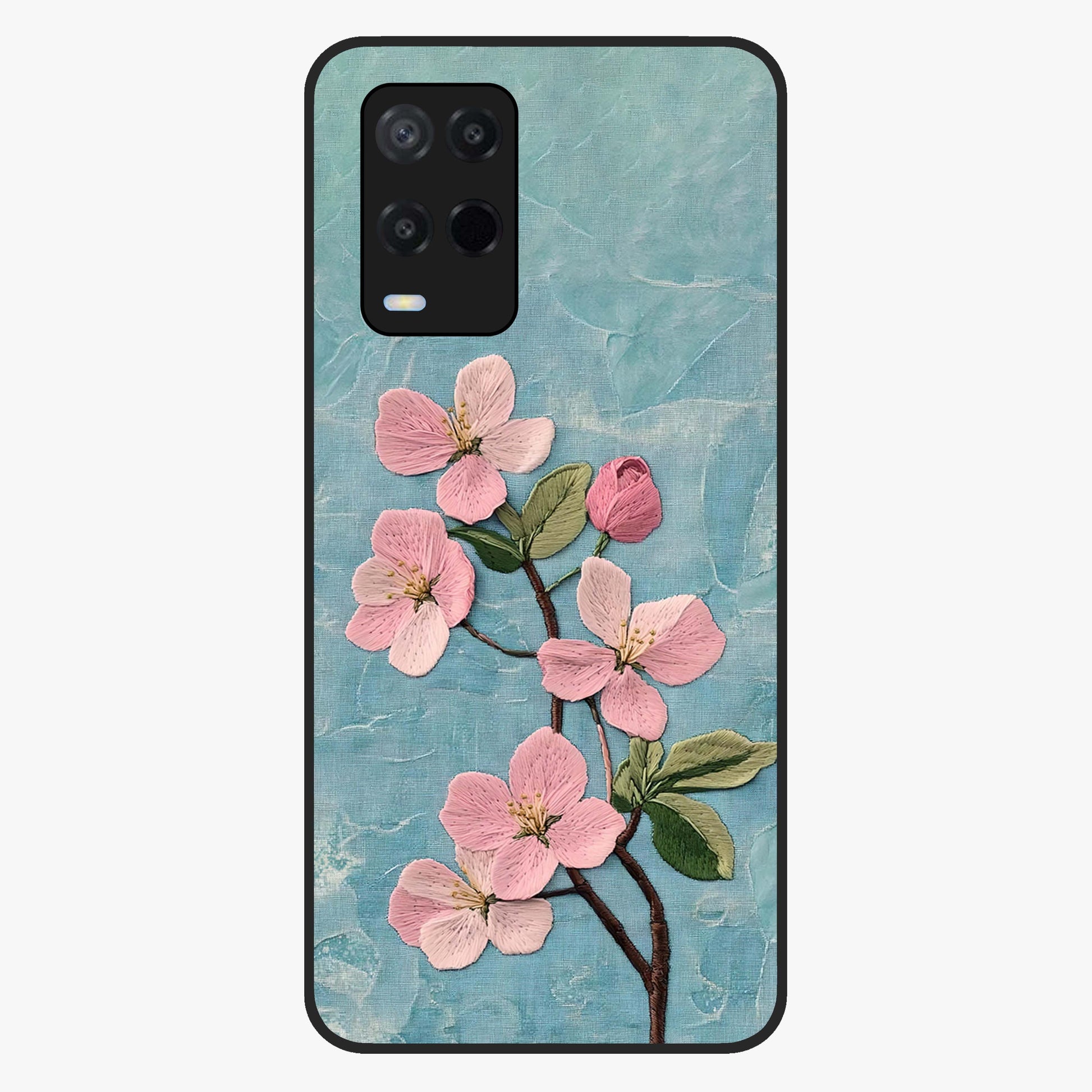 Threaded Blossom Breeze Glass Case showing flat back view with delicate blossom artwork and glossy glass finish.
