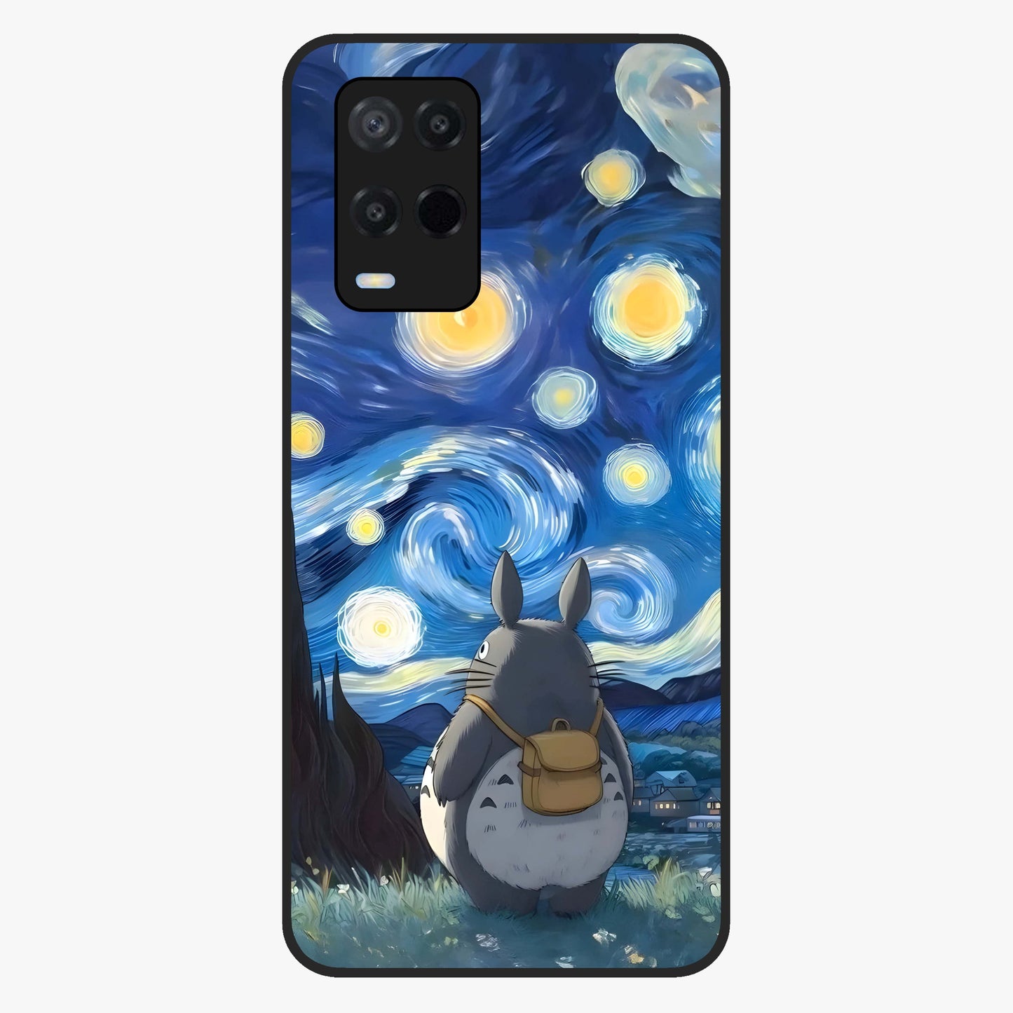 Totoro In Van Gogh Art Glass Case showing flat back view with whimsical character artwork inspired by Van Gogh style and glossy glass finish.