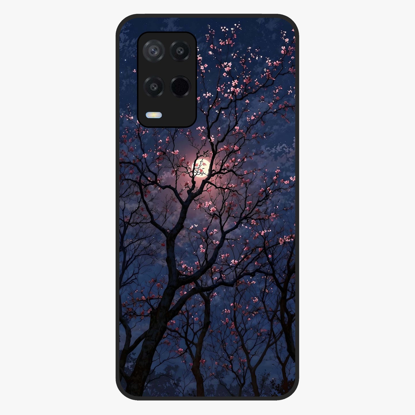 Twilight Sakura Serenade Glass Case showing flat back view with cherry blossom artwork at twilight and glossy glass finish.