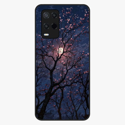 Twilight Sakura Serenade Glass Case showing flat back view with cherry blossom artwork at twilight and glossy glass finish.