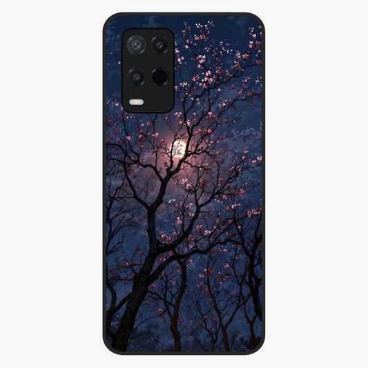 Twilight Sakura Serenade Glass Case showing flat back view with cherry blossom artwork at twilight and glossy glass finish.