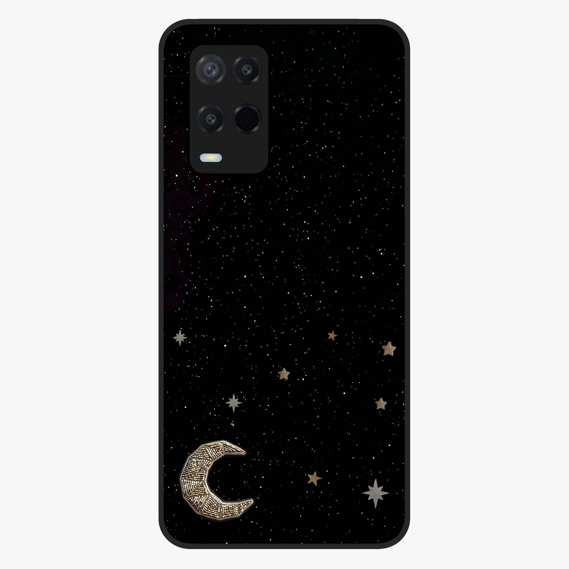Twinkle Star With Half Moon Glass Case showing flat back view with star and half moon artwork and glossy glass finish.