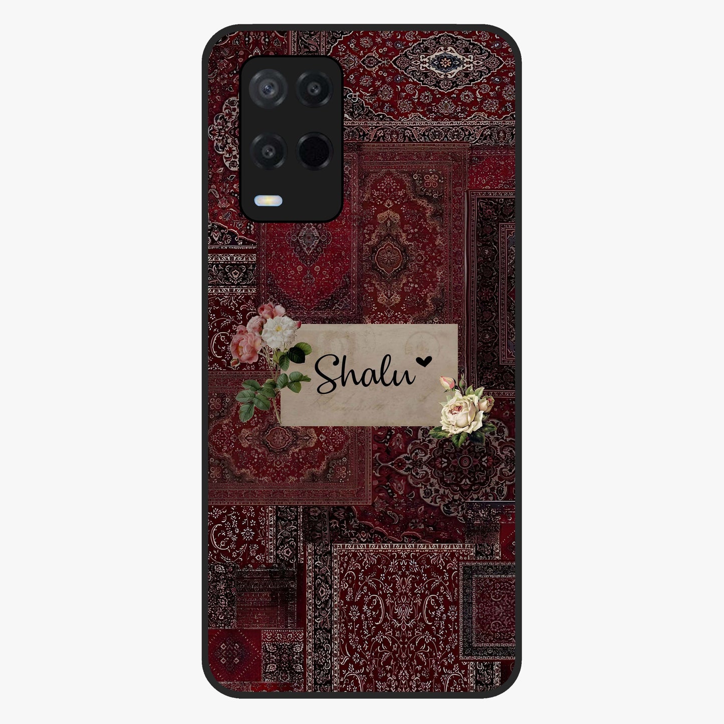 Velvet Wine Pattern Custom Name Glass Case showing flat back view with elegant wine colored pattern artwork and personalized name design.