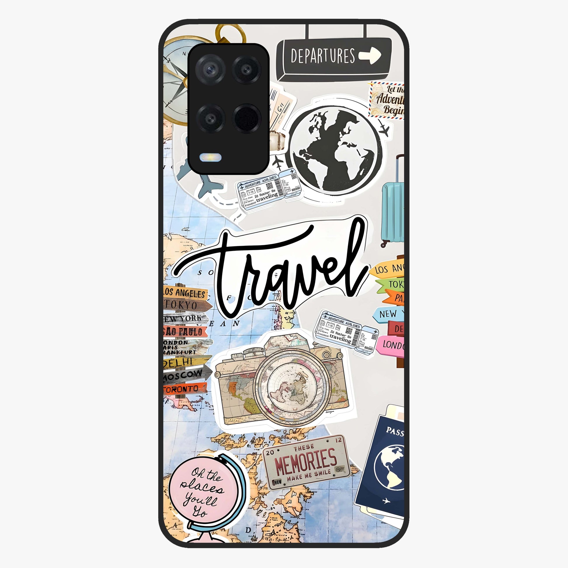 Wanderlust Journal Glass Case showing flat back view with travel inspired artwork and glossy glass finish.